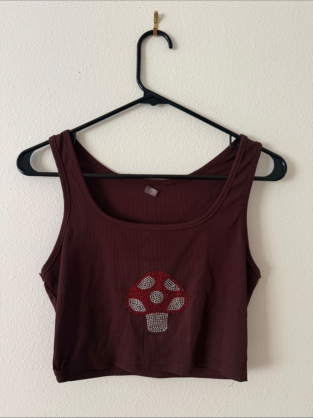 Doll’s Kill Cropped Ribbed Tank Top with Rhinestone Mushroom - Burgundy